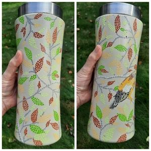 Handpainted tall glass Jar birds & leaves dot art upcycled Storage Cannister